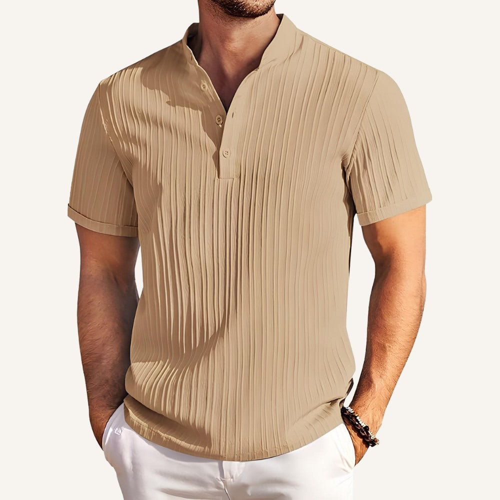 Camisa Gola Padre Plissada listrada Old Money Richelieu bege
